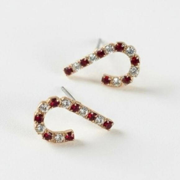 Vintage Red & Silver Rhinestone Candy Cane Pendant Gold Stud Earrings - Picture 1 of 2